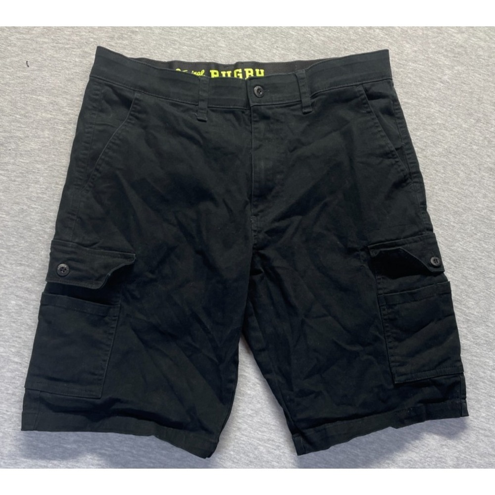 Original Rugby University Cargo Shorts Mens 32 Black Logo Stretch Utility Pocket